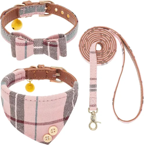 Vista 14 de KOOLTAIL Juego de collar y correa para perro pequeño con corbatín y campanas, lindo collar y correa para cachorros con patrón clásico a cuadros Beige