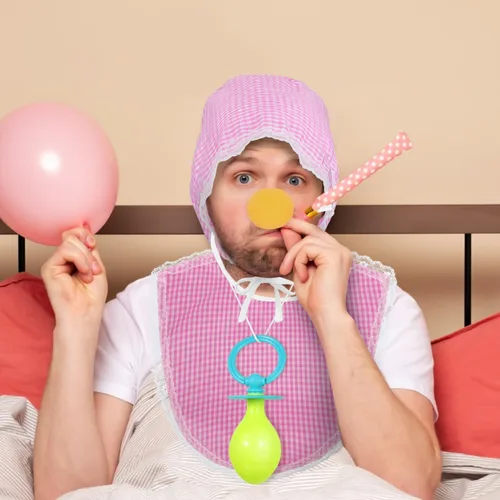 Vista 6 de 2 juegos de disfraz de bebé adulto para hombres y mujeres, accesorios de disfraz de bebé grande con chupete gigante, sombrero y babero, regalos
