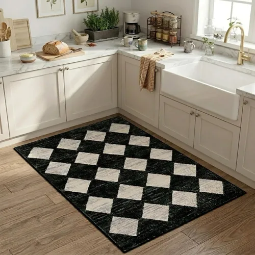 Vista 3 de Lahome - Tapete con diseño de entramado marroquí, a cuadros, pequeño, suave y antideslizante, moderno, resistente a las manchas, para puerta Negro