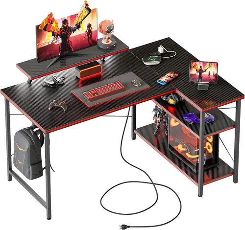 Vista 35 de Mericonia Escritorio pequeño en forma de L para computadora con tomas de corriente, escritorio de juegos para espacios pequeños, escritorio