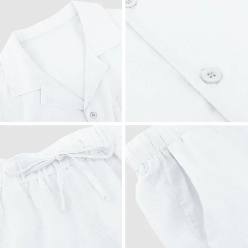 Vista 6 de Fenxxxl Conjuntos de lino para hombre, 2 piezas, de manga corta, con botones, pantalones cortos, conjuntos de ropa de verano, trajes de playa