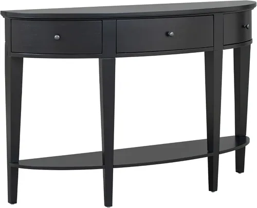 Vista 6 de LUMISOL Moderna mesa consola curvada con 3 cajones y 1 estante, mesa de sofá de entrada de media luna para sala de estar, color negro