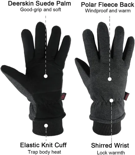 Vista 2 de OZERO Winter Gloves Deerskin Suede Leather and Insulated Polar Fleece Water Resistant Thermal Gifts for Men and Women