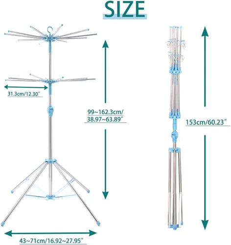 Vista 2 de Hershii Estante de secado de ropa plegable de 2 niveles para interiores y exteriores, soporte plegable para colgar ropa, ahorro de espacio