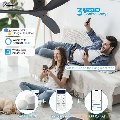 Vista 2 de Sofucor Ventilador de techo inteligente de 52 pulgadas sin luz, ventilador de techo de madera maciza de bajo perfil con control remoto, ventilador