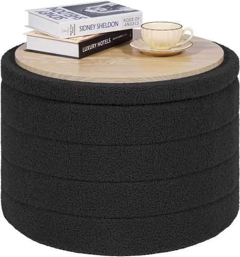 Vista 9 de PINPLUS Otomana de Almacenamiento Redonda Reposapiés Taburete con Bandeja de Terciopelo Sherpa Otomana de Almacenamiento Plegable, Reposapiés Boucle