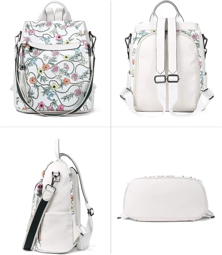 Vista 2 de Bromen - Mochila tipo bolso de mano de piel antirrobo para mujer a la moda, Beige floral, L