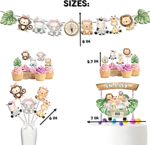 Vista 3 de Juego de decoración de baby shower de animales de la selva para niña, paquete de animales de safari, suministros de fiesta temática para baby shower.