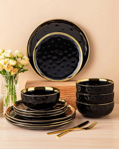 Vista 9 de LOVECASA Juego de 12 piezas de platos y cuencos, vajilla de porcelana negra y dorada, platos de cena redondos, juego de vajilla para 4 personas