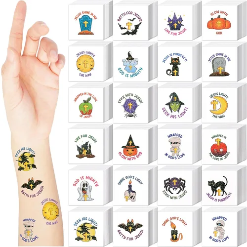 Vista 7 de 240 tatuajes cristianos religiosos de Halloween, tatuajes temporales para niños, con purpurina, Halloween, Biblia, calabazas, murciélagos, arañas