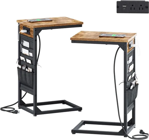 Vista 8 de Mesa auxiliar en forma de C con estación de carga rápida, mesa lateral pequeña para sofá con bolsa de almacenamiento, bandeja de TV para sofá
