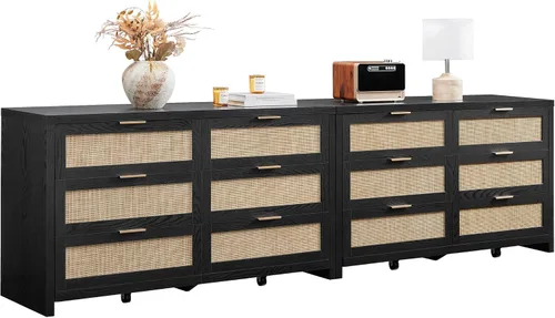 Vista 13 de SICOTAS Cómoda de ratán para dormitorio, cómoda de 57 pulgadas de ancho con 6 cajones con amplio almacenamiento, cómoda de madera, cómoda grande