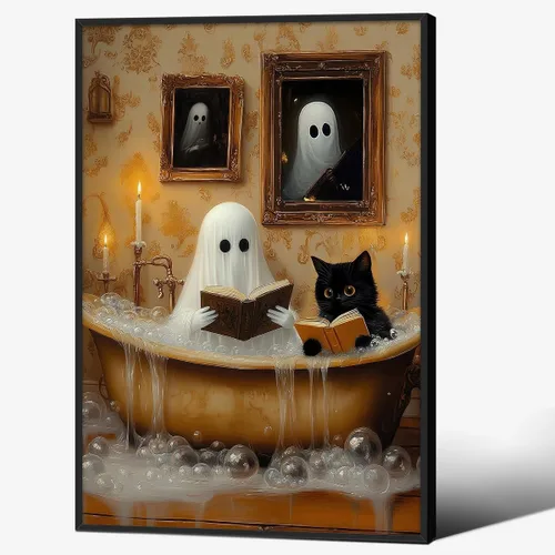 Vista 45 de Lienzo enmarcado negro para pared, póster de Halloween Dark Academia, pintura de gato negro, fantasma en la bañera, imágenes góticas de terror