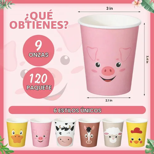 Vista 3 de Maxcheck 120 tazas de decoración de cumpleaños de animales de granja, vasos de papel desechables de 9 onzas, lindo bebida, cerdo, oveja, pollo