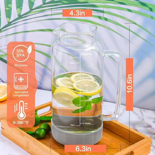 Vista 4 de Aofmee Jarra de vidrio de 68oz con tapa y mango para nevera, silicona gris