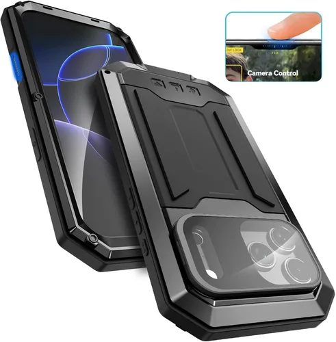 Vista 2 de Funda de metal para iPhone 17 Pro Max /17 Pro/Air/17, soporte de cámara y protector de pantalla integrado, funda de protección resistente, plateado