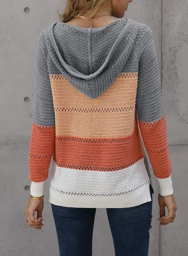 Vista 4 de FEKOAFE Sudaderas con capucha de bloque de color a rayas de otoño 2025 para mujer, suéter de punto con cuello en V