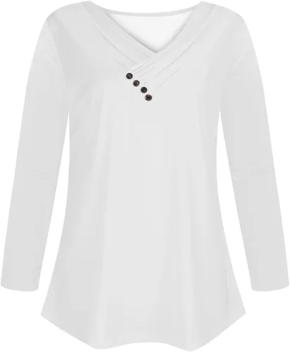 Vista 4 de Lindas camisetas de manga larga para mujer, a la moda de otoño, 2023, lisas, casuales, con cuello en V, holgadas, cómodas, básicas