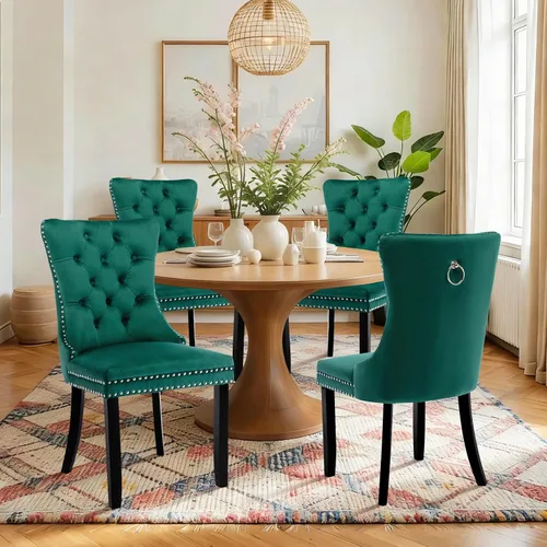 Vista 121 de Juego de 2 sillas de comedor de terciopelo con patas de madera, color beige Mid Century Modern Dining Chairs,Upholstered Chairs with Nailhead