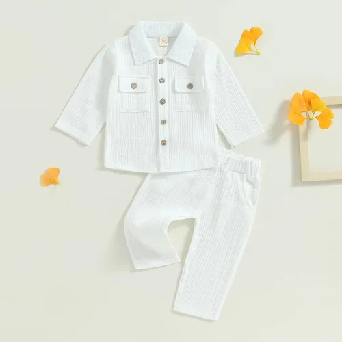 Vista 2 de Conjunto de 2 piezas de ropa de algodón y lino de manga larga con botones y pantalones de cintura elástica para bebé niño y niña