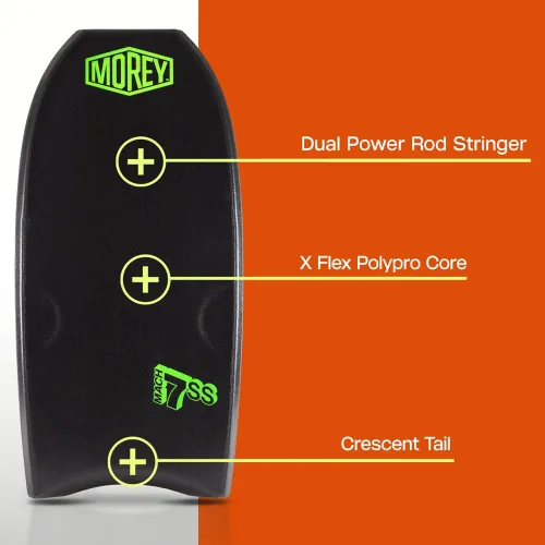 Vista 7 de Morey Mach 7-SS Body Board - Varilla de doble potencia para contornos de rodilla, riel de timbre superior, cola creciente