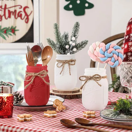 Vista 5 de Frascos Mason de Navidad, Centros de Mesa de Navidad para Mesas, Bandeja de Madera y 3 Frascos Decorativos Pintados, Decoración de Centros de Mesa 2