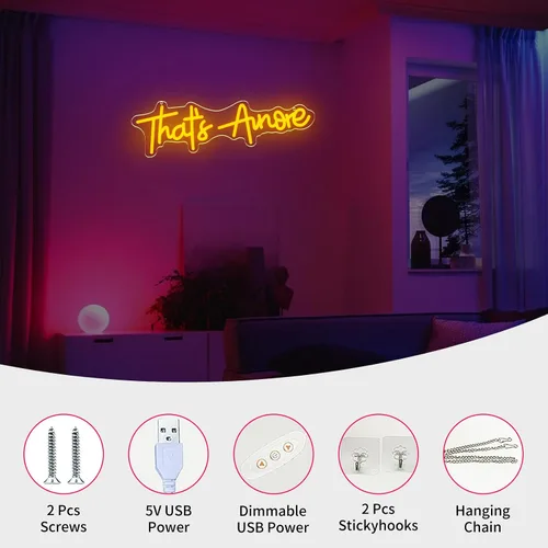 Vista 7 de Letrero de neón con texto en inglés "That's Amore", luz decorativa alimentada por USB, para dormitorio, sala de estar, hogar, mesa de pared