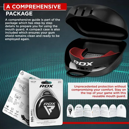 Vista 7 de RDX Protector Bucal para Boxeo MMA Kickboxing Muay Thai Judo Karate - Protector de Mandíbula con Funda de Almacenamiento para Adultos, Artes Rojo