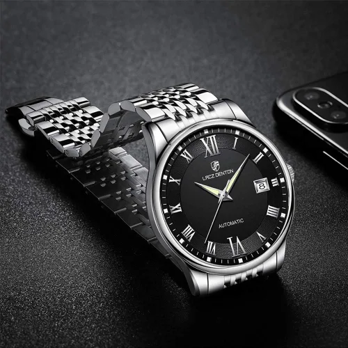 Vista 4 de LACZ DENTON Relojes mecánicos automáticos para hombres, de lujo de acero inoxidable con cuerda automática, resistente al agua