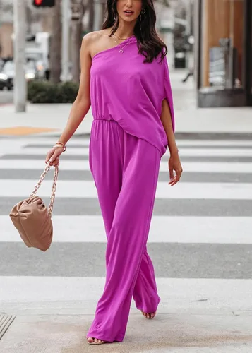 Vista 3 de DRESSMECB Women's Jumpsuit Casual Summer Rompers One Shoulder Loose High Waist Baggy Wide Leg Jumpers Purple
