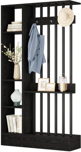 Vista 9 de Tribesigns Divisor de pared de habitación, estantería independiente de madera con estantes y ganchos para abrigos, 71 pulgadas, moderna partición