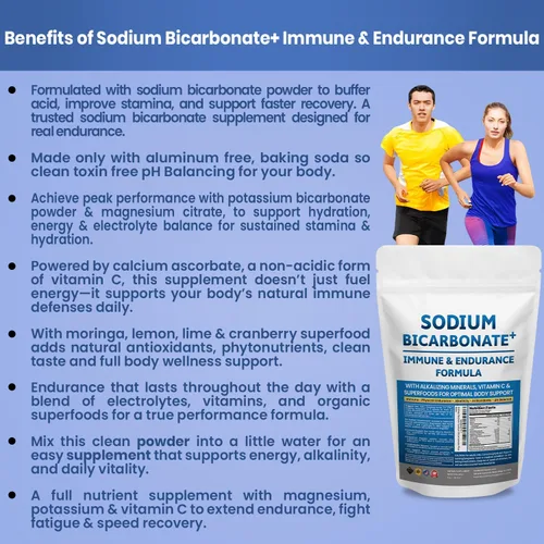 Vista 2 de Bicarbonato de sodio + fórmula inmune y de resistencia con bicarbonato de sodio sin aluminio, potasio, magnesio, VIT C y superalimentos. Polvo