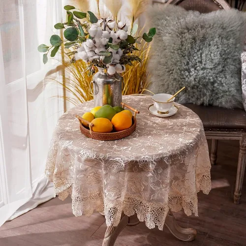Vista 2 de ARTABLE Mantel rectangular pequeño de encaje de macramé, mantel vintage bordado estilo shabby chic para mesa oblonga para banquete de boda, Dorado