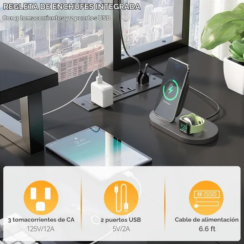 Vista 4 de Aheaplus Escritorio pequeño en forma de L para gaming con luces LED y tomas de corriente, escritorio reversible en forma de L para computadora