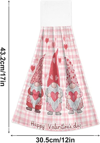 Vista 3 de Kcldeci Toallas de mano colgantes para el día de San Valentín con lazo para colgar, gnomos, corazones, toallas de mano suaves y gruesas, toallas