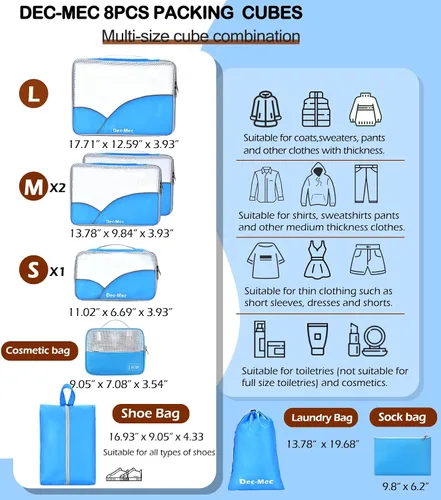 Vista 2 de Juego de 8 cubos de embalaje para viaje (L, M, S, XS), juego organizador de maletas para accesorios de viaje, artículos esenciales de viaje, bolsas