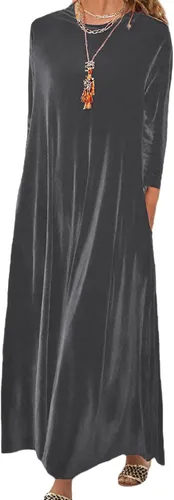 Vista 3 de Vestido de terciopelo para mujer, formal, casual, linda, cuello redondo, elegante, de manga corta, con bolsillo