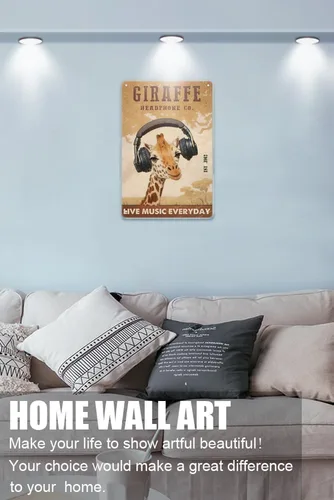 Vista 4 de Giraffe Headphone Co - Póster de música en vivo para todos los días, letrero de metal vintage, divertido póster de jirafa para el hogar, cocina