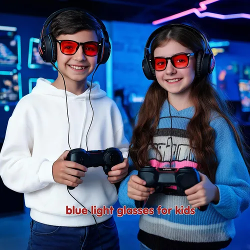 Vista 4 de Gafas de luz azul para niños, paquete de 3 unidades, marco flexible TR90 inastillable, lentes transparentes y rojas, gafas falsas para niños de 2 a