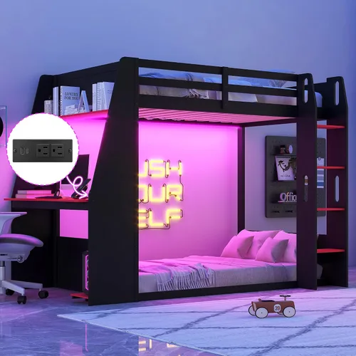 Vista 6 de Polibi Twin Wooden Gaming Bunk Bed with Desk, USB & LED Light