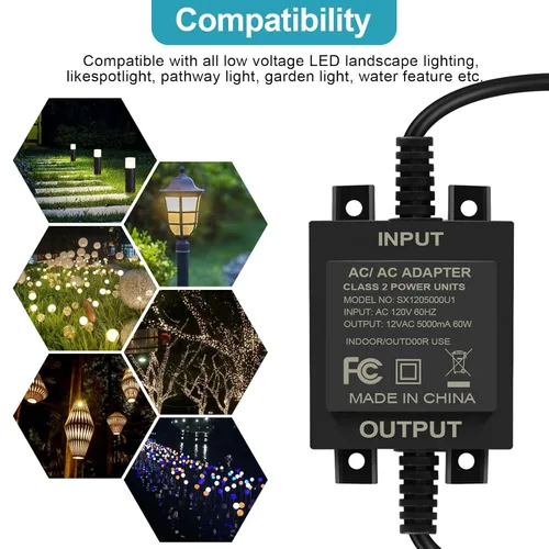 Vista 5 de Transformador de paisaje de bajo voltaje, 60 W 5 A, convierte 110 V-120 V CA a 12 V CA. Transformador de iluminación de paisaje para iluminación al