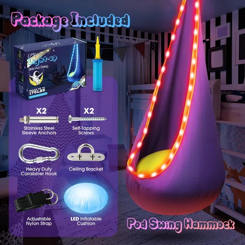 Vista 4 de Asiento de columpio colgante para niños con luz, columpio colgante mejorado para niños con luces LED, silla de columpio colgante sensorial