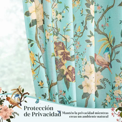 Vista 3 de Cortinas de lino de pájaro floral azul 2 paneles de 72 pulgadas de largo Aqua Blue