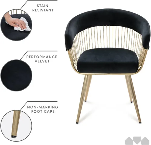 Vista 5 de Milliard Silla de comedor con marco de alambre, terciopelo tapizado fácil de limpiar, silla de acento dorada (negro)
