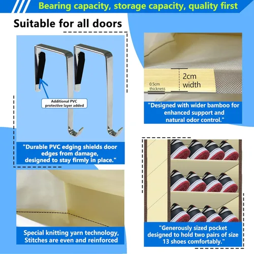 Vista 2 de Organizador de zapatos para la puerta, capacidad grande de 70 libras, organizador de 20-30 pares, bolsillos extra profundos resistentes, ganchos