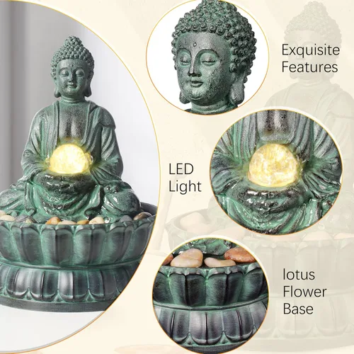 Vista 4 de Fuente de mesa interior Buda exquisita estatua de meditación sentada, fuente de agua de escritorio, fuente zen decorativa con bola rodante