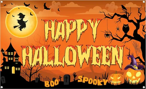 Vista 9 de KatchOn Pancarta espeluznante de Feliz Halloween, extragrande, 72 x 44 pulgadas, telón de fondo naranja de fotos de Halloween para decoraciones