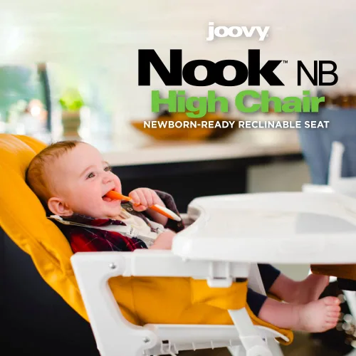 Vista 2 de Joovy Nook NB - Silla alta con bandeja abierta ajustable de cuatro posiciones, asiento reclinable de 3 posiciones y ruedas delanteras para mayor