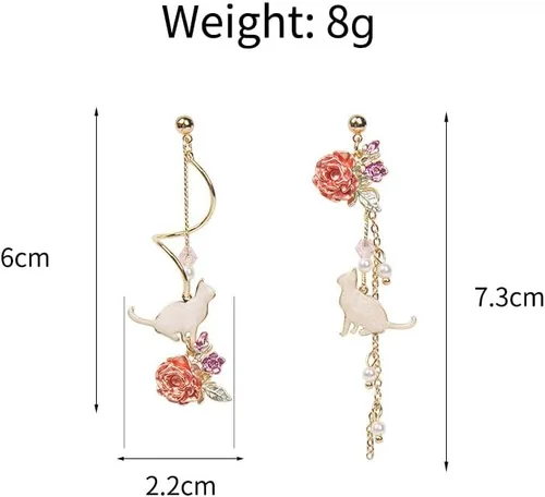 Vista 5 de Pendientes de hoja de Sakura con perlas rosadas Ginkgo Biloba Cat Fairy Flower Statement Pendientes para mujer