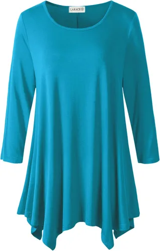 Vista 21 de LARACE - Camisa de talla extragrande para mujer, camisa tipo túnica con manga 3/4, ajuste holgado, ropa básica para mujer 2-negro_cuadros